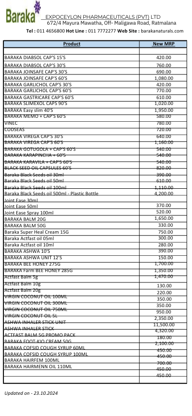 Baraka Naturals menu