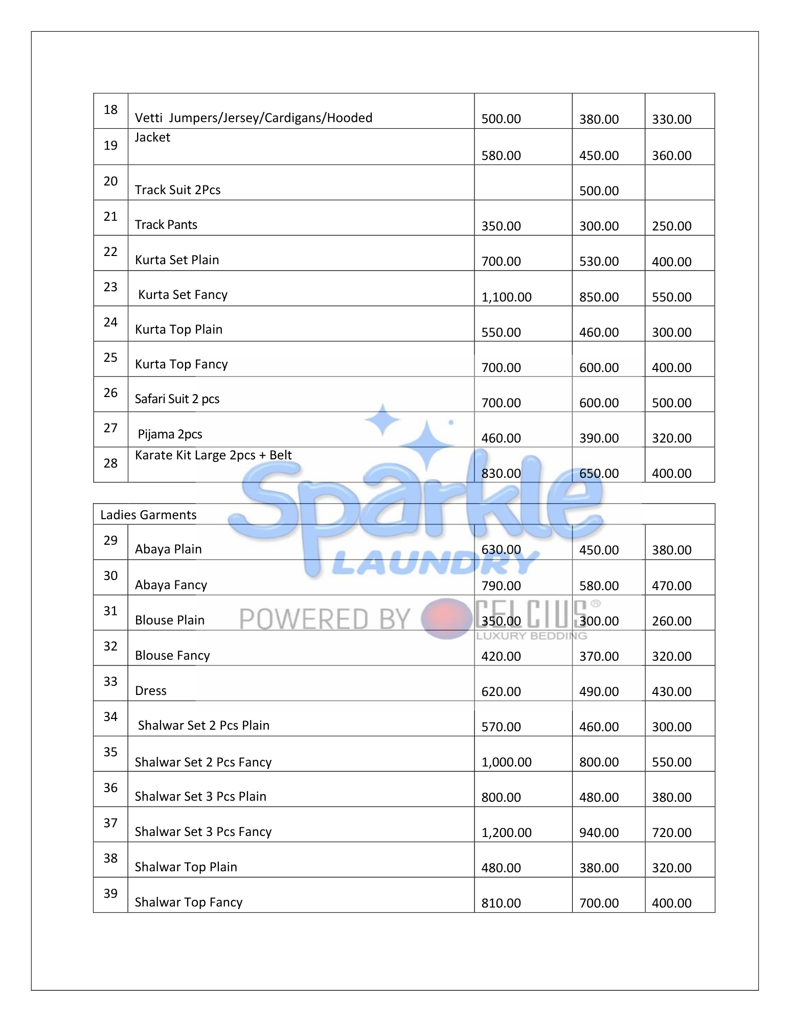 Sparkle Laundry menu