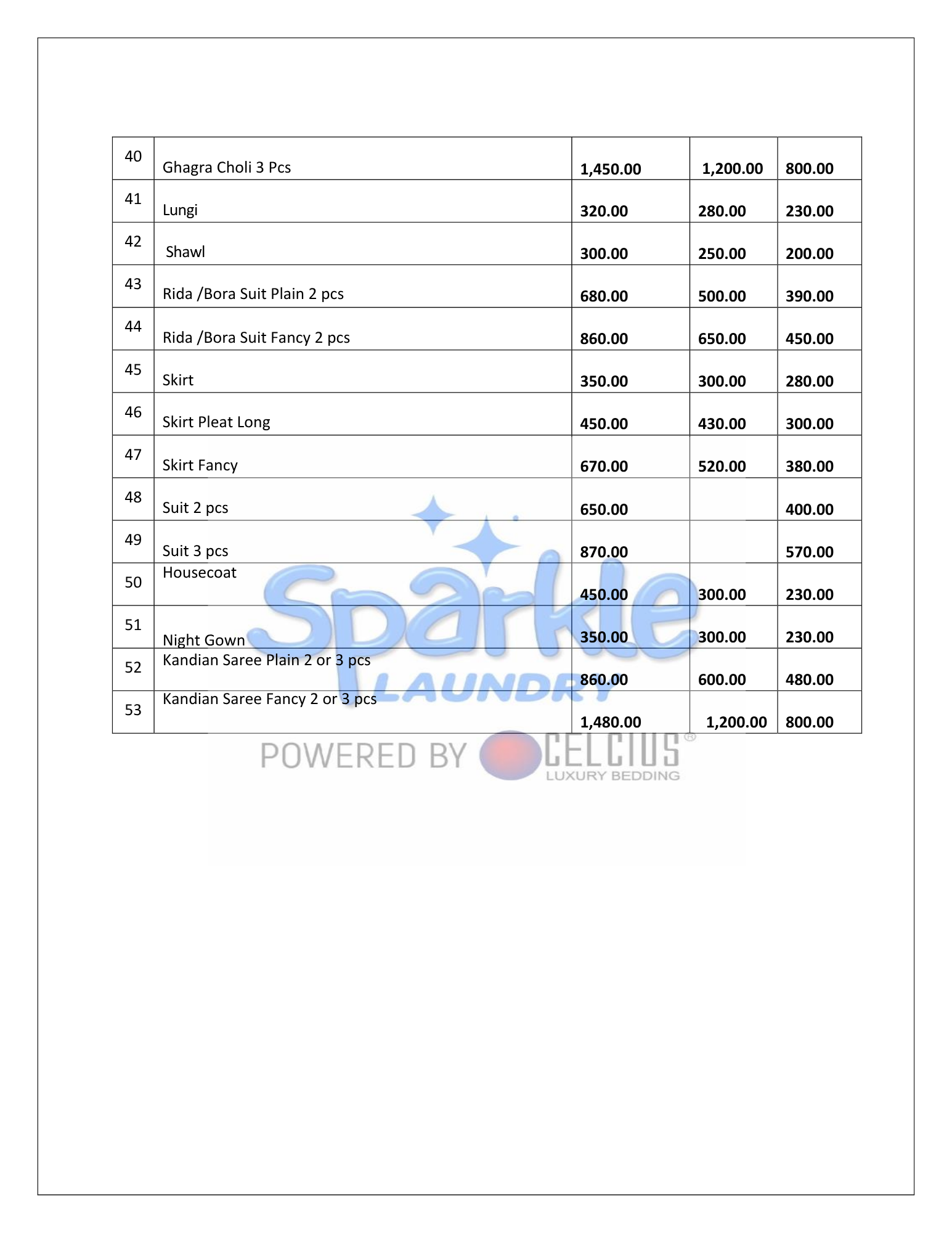 Sparkle Laundry menu