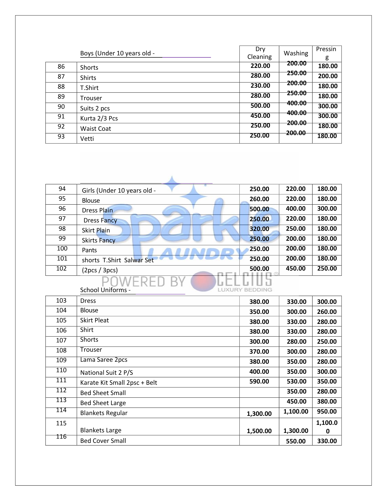 Sparkle Laundry menu