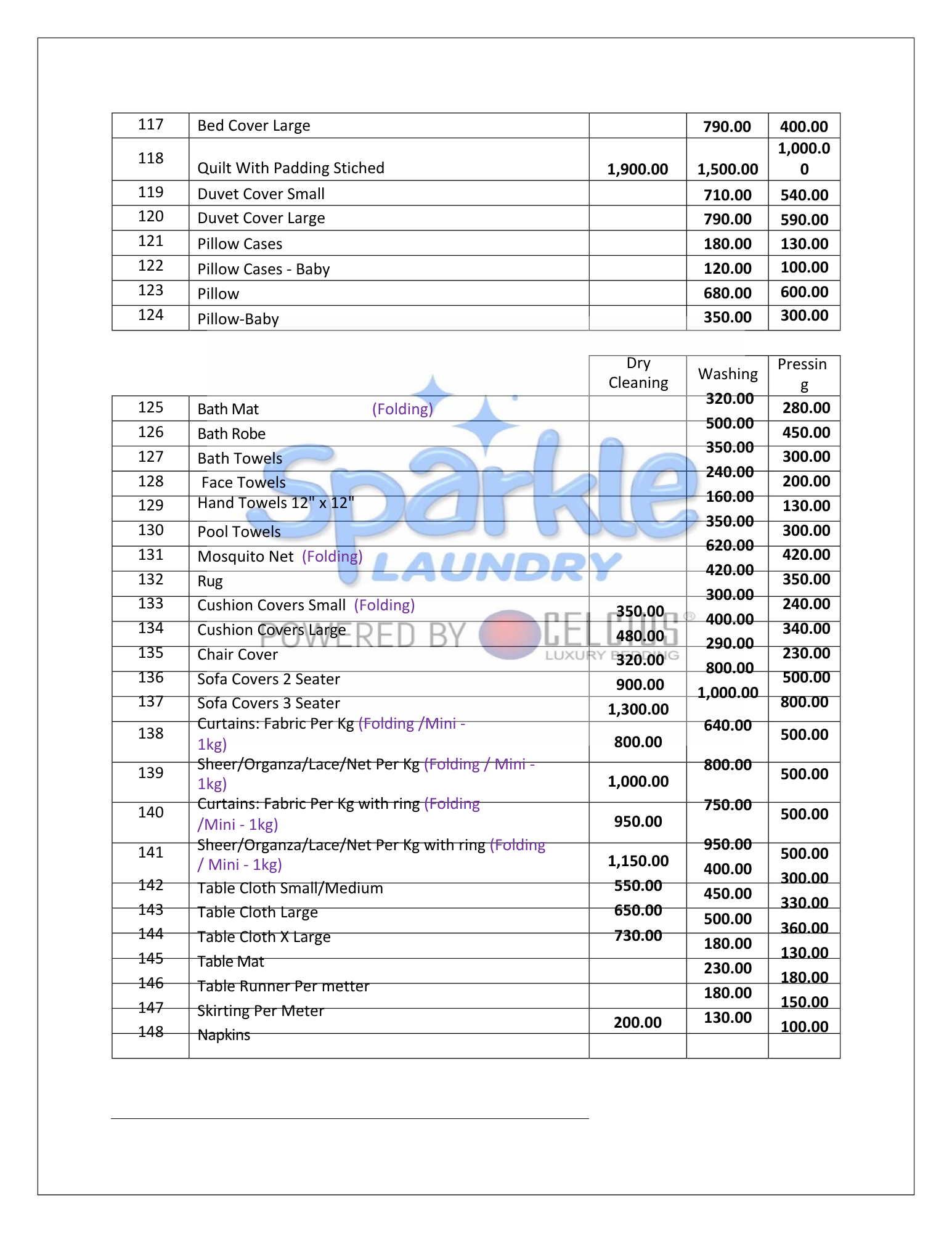 Sparkle Laundry menu