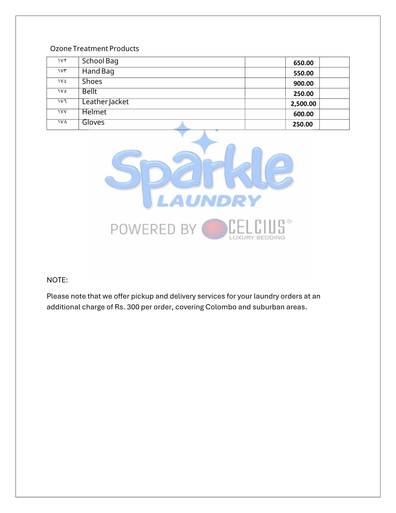 Sparkle Laundry menu