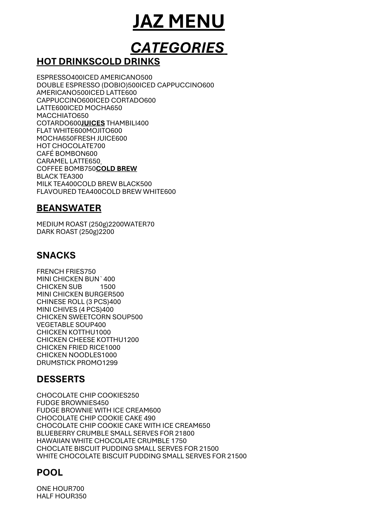 Jaz Coffee Colombo menu