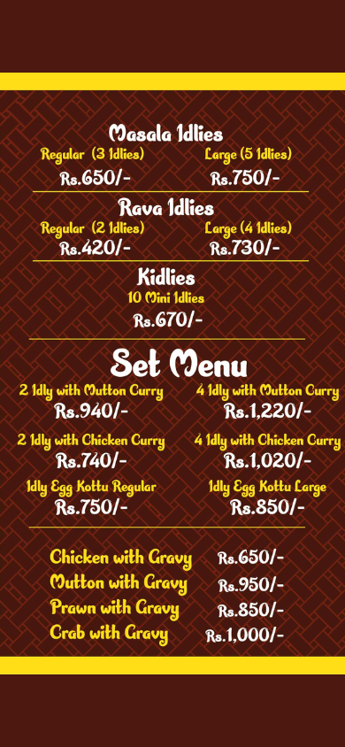 Aayaa Kade Idly menu