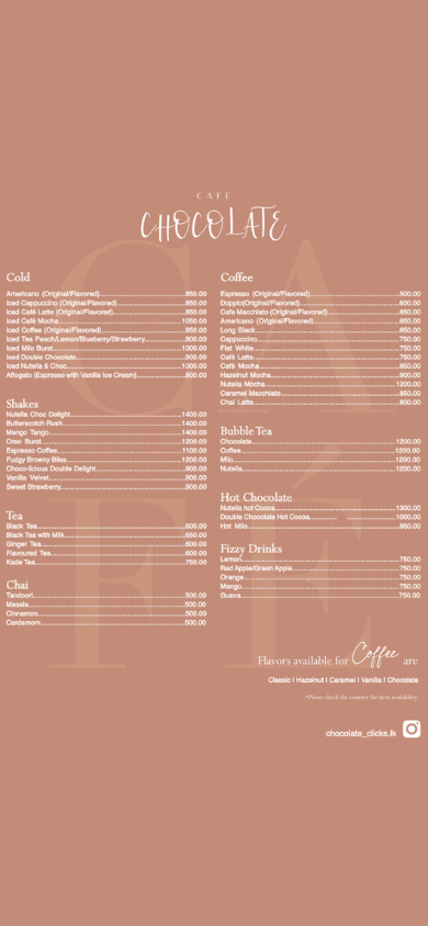 Cafe chocolate menu