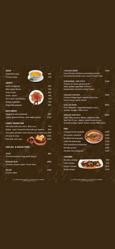 Liams Restuarant menu