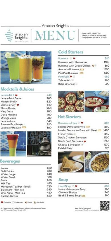 Arabian Knights menu